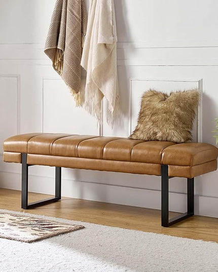 HULALA HOME 53" Faux Leather Entryway Bench, Button Tufted End of Bed Bench Ottoman for Bedroom, Living Room with Metal Base,Camel