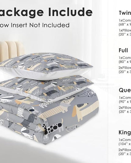Comforter Set Queen Size, Cute Dog Pet Soft 3 Pcs Bedding for Kids and Adults Cartoon Nursery Animal Dachshund Comforter Set with 2 Pillowcases for Bedroom Bed Decor