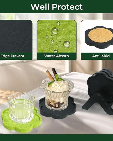 Acacia Wood Coasters Set of 8 with Holders, 4 Acacia Wood & 4 Absorbent Felt Pads, 3 Inches Fit Coffee Table, Home, Office, Bar, Coasters Set of 8 (Flower Black)