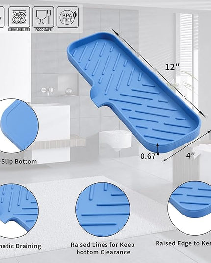 Silicone Bathroom Soap Dishes with Drain Spout-Bathroom and Kitchen Sink Organizer,Sponge Holder,Dish Soap Tray,Perfect for Dispenser,Scrubber,Bottle,Cup on Sink or Counter-Lichen Blue 12"×4"