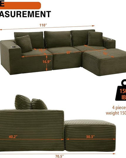 110" Boneless Couch in A Box, Convertible L Shaped Modular Sectional Sofa Set with Deep Seat, Corduroy Cloud Couch Sectional Couches for Living Room, No Assembly Required(3 Seat+ 1 Ottoman,Green)
