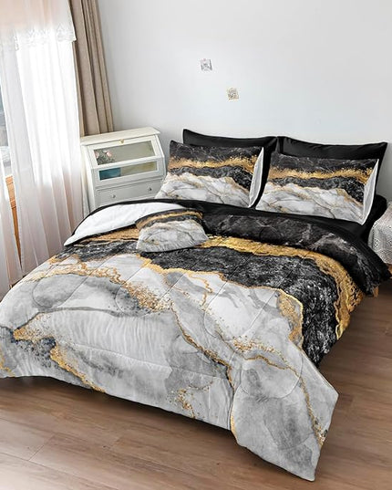 Bedbay Black and Gold Cal King Comforter Set with Sheet 8 Pieces Black Gold Marble Comforter California King Bedding Set Gold Metallic Marble Texture Modern Bed Set (Black Gold,Cal-King)