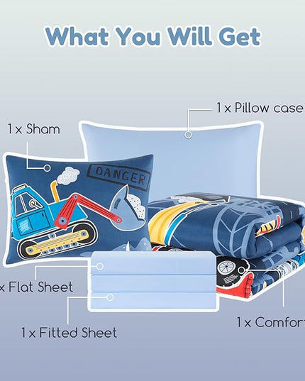 Twin Comforter Set for Boys-5 Pieces Truck Tractor Excavator Glow in The Dark Twin Bedding Sets for Kids, Ultra Soft Bed in A Bag with Sheets