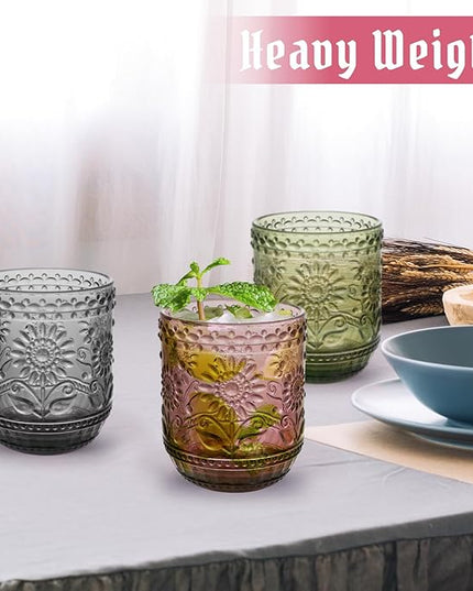 Glass Cups, Vintage Glassware Drinking Glass Set of 4, 12oz Colored Glassware with Sunflower Design, Embossed Floral Decorative Glasses Drinking Set for Cocktail, Wine, Vintage Drinking Glasses