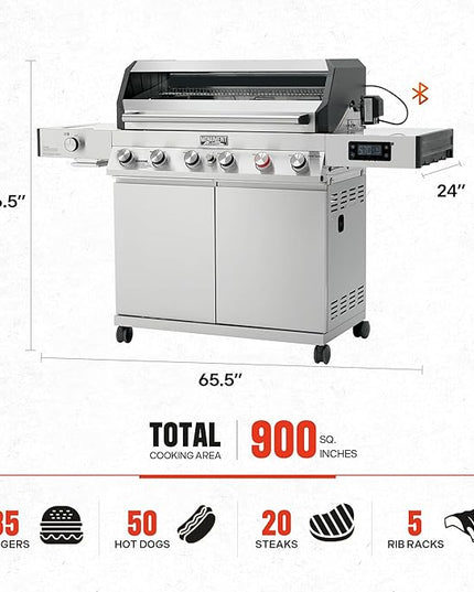 Monument Grills 6+1 Burner Smart Tech Propane Gas Grill, Denali 605Pro Stainless Steel Grill 78,000 BTU Outdoor Garden Barbecue Grill with Side Sear Burner, Cooking Plate, Cover and Rotisserie Kit
