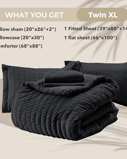 HYMOKEGE Black Twin XL Comforter Set Seersucker 5 Pieces, All Season Luxury Bed in a Bag for Bedroom, Bedding Set with Comforters, Sheets, Pillowcase & Sham