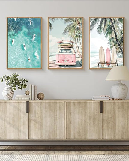 HOURIA Summer Surfboard Beach Framed Canvas Wall Art Set,Modern Ocean Surfing Seascape Wall Decor,Coastal Bus Coconut Tree Wall Painting,Nature Botanical Art Prints for Living Room, Bedroom-24 x36 x3