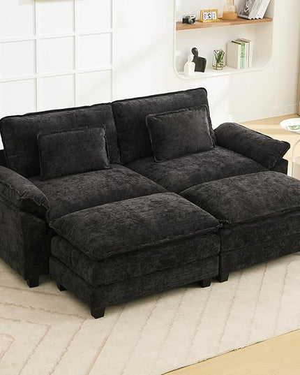 86" Modular Sectional Sofa, Comfy Cloud Couch Sectional Sofa with Ottoman, Chenille Sofa Sleeper Deep Seat Sofa with Throw Pillows for Living Room (Black)