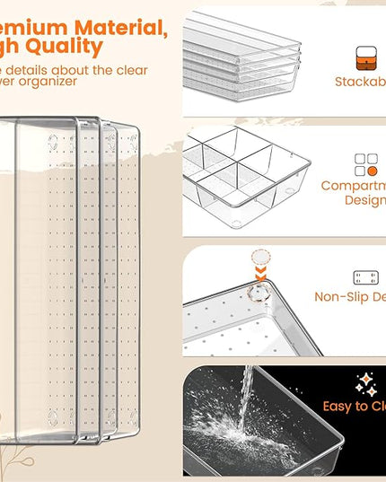 Criusia Drawer Organizer - 18 Pack Clear Large Kitchen Drawer Organization Trays, Non-Slip Dividers for Makeup, Jewelry, Utensils, Office, Bedroom, Bathroom