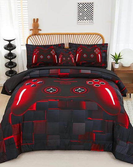 PERFEMET 6-Piece Boys Comforter Set Full Size Game Console Bedding Set for Kids Teen 3D Black and Red Gamepad Gaming Bed in a Bag Matching Sheet Set(Red, Full)
