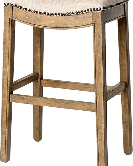 Maven Lane Adrien Backless Bar Stool – 31 Inch Saddle Seat with Footrest – Natural Solid Wood Frame & Natural Fabric Upholstery – Ideal for Bars, Pub Tables & Tall Kitchen Counters