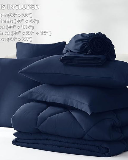 CozyLux Oversized Queen Comforter Set Navy Blue, 7 Pieces Bed in a Bag Comforter Set with Sheets Luxury Bed Set All Seasons, Bedding Set with Down Alternative Comforter, Sheets, Pillowcases & Shams