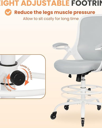HYLONE Drafting Chair Tall Office, Ergonomic Standing Desk Stool Adjustable Drafting Chair Big Tall Drafting Office Chair White