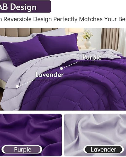 MUXHOMO 7 Pieces King Comforter Set, Reversible Bed in a Bag King Size, All Season Bedding Set with Comforter, Flat Sheet, Fitted Sheet, Pillowcases & Shams, Purple & Lavender