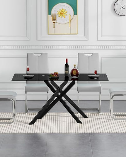 5 Piece Glass Dining Table Set, Glass Kitchen Dining Room Table Set for 4, Modern 51" Rectangular Black Glass Metal Dining Table with 4 Grey Leather Dining Chairs for Kitchen Dining Room