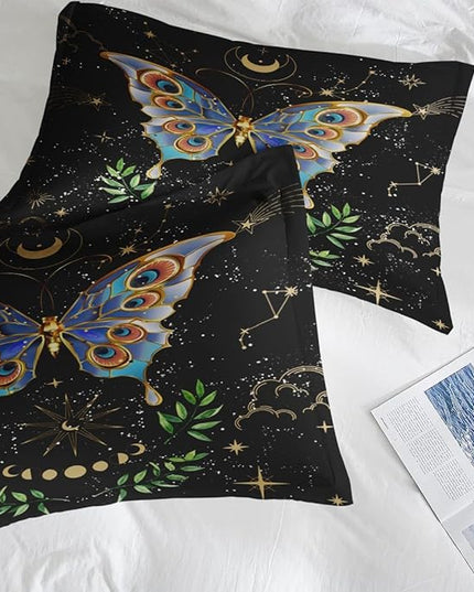Comforter Set King Size, Gothic Butterfly Moon 7 Pcs Bedding for Kids and Adults, Botanical Plant Leaf Bed Sheet Sets with Fitted Sheet 2 Pillowcases & 2 Shams for Bedroom Bed Decor