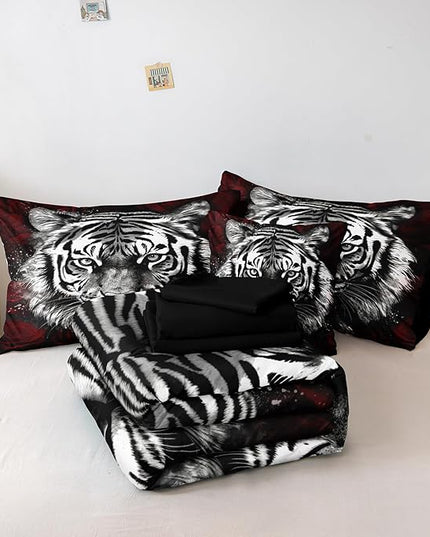Bedbay Tiger Comforter Set Queen Size Rose Floral Bedding Set Wild Animal Print 8 Pcs Queen Bed in a Bag Set Boys Teen Room Decor Animal Tiger Bedding Comforter Set with Sheets (Tiger,Queen)