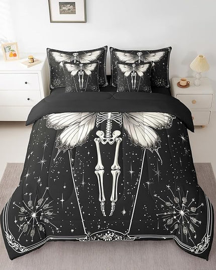 Feelyou Death Moth Kids Comforter Set 7pcs, Boho Moon Star Bed Set Queen for Boys Girl, Gothic Skull Skeleton Bedding with 1 Comforter,1 Fitted Sheet,1 Flat Sheet,2 Pillowcases,2 Throw Pillow Cover