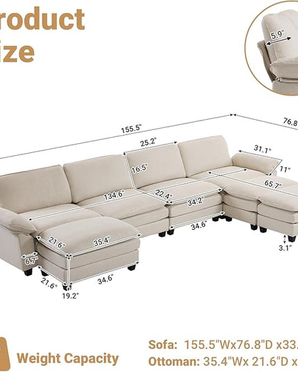 VINGLI 156" Cloud Couch, Comfy Modular Sectional Sofa Set for Living Room,U-Shaped Linen 4-Seat Convertible Loveseat Sofa with 3 Ottoman for Small Space.(Beige)