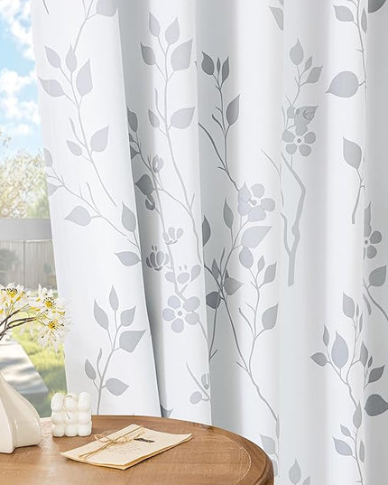 Beauoop Floral 100% Blackout Curtains 54 Inch Length 2 Panels for Bedroom Living Room Grey White Flower Patterned Room Darkening Thermal Insulated Soundproof Grommet Window Treatments Drapes, 52X54