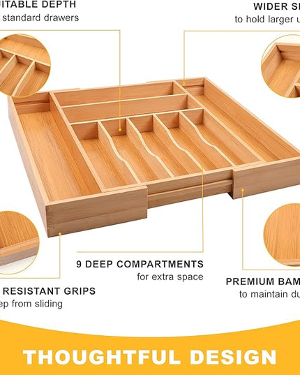 Large Premium Bamboo Silverware Organizer - Expandable Drawer Organizer & Utensil Organizer - 17"x19.7" Cutlery Tray with Dividers for Kitchen Utensils and Flatware (7-9 Slots) (Natural)