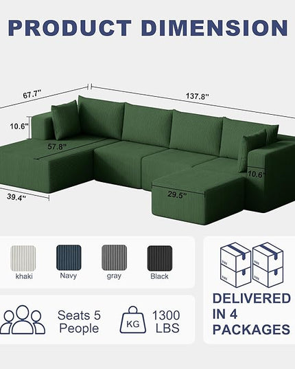 138" Boneless Couches for Living Room, Modular Cloud Couch Sofa - 5 Pieces U Shap Corduroy Sectional Sofa, Fluffy Memory Foam Sleeper Sofa Furniture, No Assembly, Wide Armrest, Green