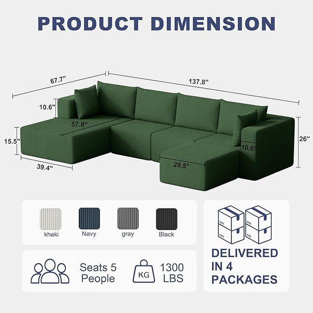 138" Boneless Couches for Living Room, Modular Cloud Couch Sofa - 5 Pieces U Shap Corduroy Sectional Sofa, Fluffy Memory Foam Sleeper Sofa Furniture, No Assembly, Wide Armrest, Green