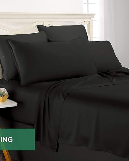 Pure Bamboo Split King Sheets, Genuine 100% Organic Viscose Derived from Bamboo Bed Sheet Set, Soft & Cooling, Double Stitching, 2 Fitted Sheets (Split King, Black)