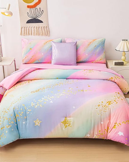 Rainbow Bedding Set Twin Size – 6-Piece Reversible Girls Comforter with Deep-Pocket Sheet, Gradient Galaxy Design, Whole-Piece Filling, Machine Washable Bed-in-a-Bag for Kids Room Makeover & Gifts