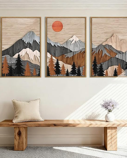 ANHUIB Mountain Wall Art 16x24 Inch Large Forest Wall Decor Woodcut Pine Tree Illustration Nature Wilderness Art Print Abstract Landscape Painting Set of 3 for Living Room Bedroom Office