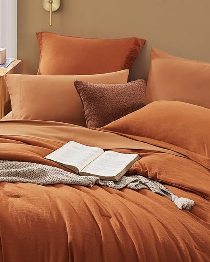 WRENSONGE Oversized Queen Comforter Set - 7 Pieces Burnt Orange Bed in a Bag Queen with Sheets, 2 Pillow Shams, and 2 Pillowcases- Warm Bedding Sets Queen for All Season