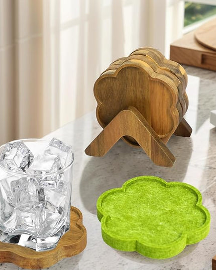 Coasters Set of 8, 3-Inch Flower Coasters with 2 Wooden Holders 4 Wooden and 4 Felt Pads, Heat-Resistant Drink Coasters for Mugs, Wine Glasses (8 Pcs Total)