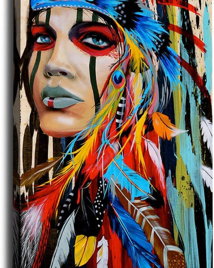 Canvas Wall Art Native American Indian Beauty Large Modern Canvas Artwork Girl with Colorful Feathers Contemporary Canvas Picture Bedroom Living Room Hallway Home Office Kitchen Wall Decor 48" x 24"