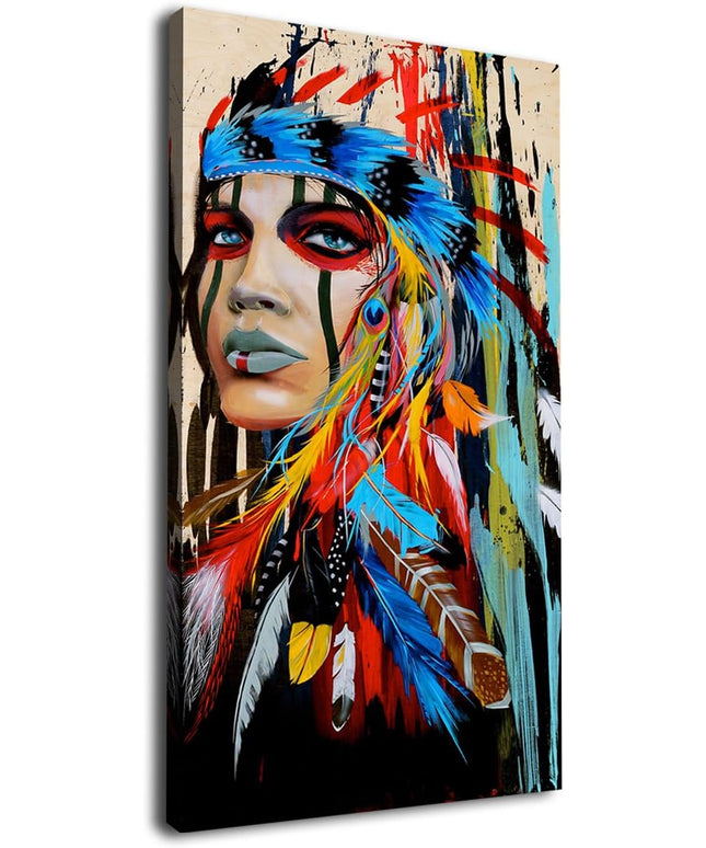 Canvas Wall Art Native American Indian Beauty Large Modern Canvas Artwork Girl with Colorful Feathers Contemporary Canvas Picture Bedroom Living Room Hallway Home Office Kitchen Wall Decor 48" x 24"