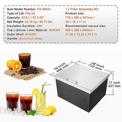 VEVOR Drop in Ice Chest, 28"L x 16"W x 17"H Stainless Steel Ice Cooler, Commercial Ice Bin with Hinged Cover, 40 qt Outdoor Kitchen Ice Bar, Drain-Pipe and Drain Plug Included, for Cold Wine Beer