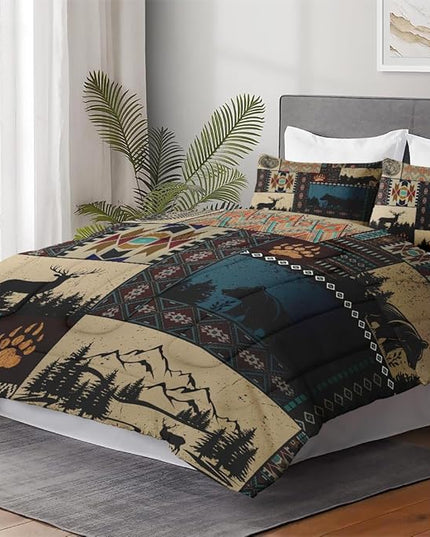 Full Size Comforter Set with 2 Pillowcases, Deer Bear Wildlife 3 Pcs Bedding for Kids and Adults, Black Brown Country Soft Comforter Set for Bedroom Bed Decor