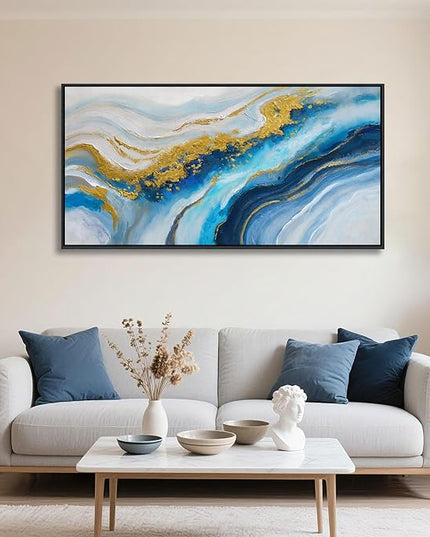 Abstract Canvas Blue Wall Art for Living Room - Modern Gold Wall Art, Office Wall Decor, Above Bed Wall Decor, Large Pictures for Bedroom Framed Artwork for Walls 20×40IN