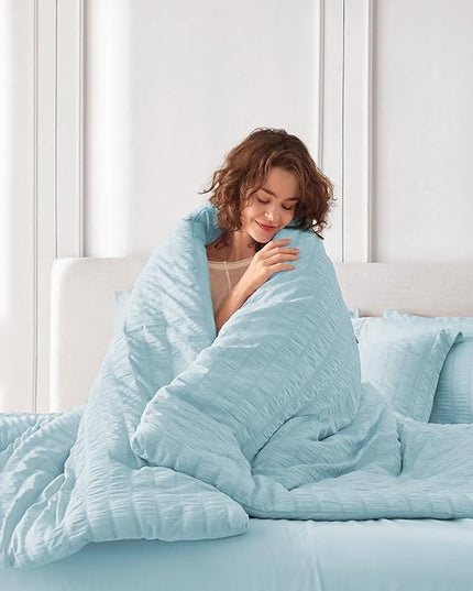 MUXHOMO 7 Pieces King Comforter Set, Seersucker Bed in a Bag King Size, All Season Luxury Bedding Set with Comforter, Flat Sheet, Fitted Sheet, Pillowcases & Shams, Lake Blue