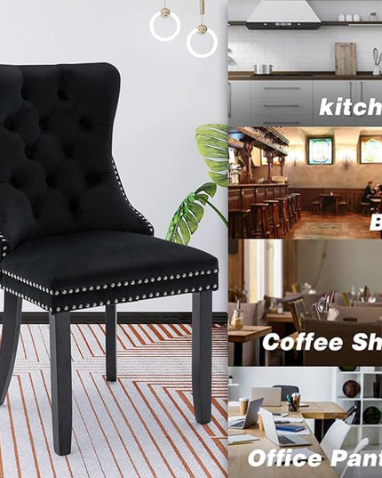 SoarFlash Velvet Dining Chairs Set of 6, Tall Back Side Chair, Modern Upholstered High-end Tufted Side Chair with Button Back Ring, Solid Wood Legs (Black)