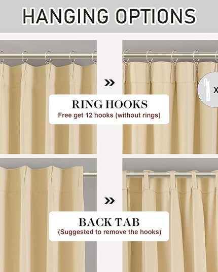 DONREN Beige Pinch Pleated Blackout Curtains with Hooks - 120 inch Length Room Darkening Thermal Insulated Window Curtain Panels Ceiling to Floor for Living Room 2 Panel 40" Wx120 L