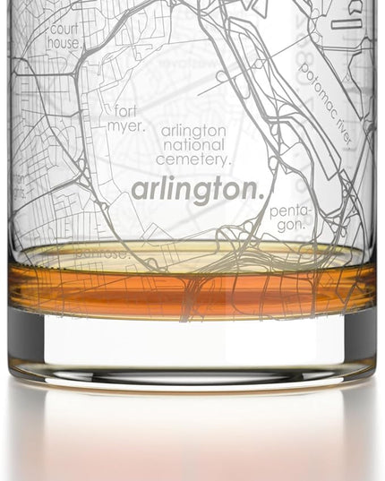 Well Told Engraved Arlington Virginia Map Rocks Glass, Old Fashioned Glassware (11 oz, Clear) Etched Bourbon Tumbler, Gifts For Whiskey Lovers