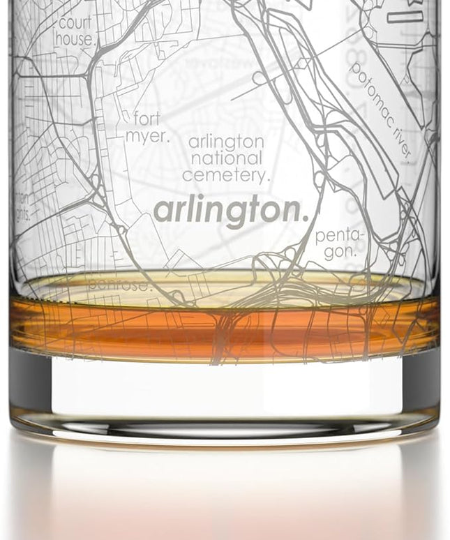 Well Told Engraved Arlington Virginia Map Rocks Glass, Old Fashioned Glassware (11 oz, Clear) Etched Bourbon Tumbler, Gifts For Whiskey Lovers