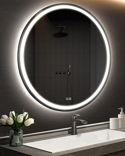 APRILSOUL 32 Inch Round LED Bathroom Mirror with Lights, Makeup Mirror with Front and Backlit, Anti-Fog, 3 Colors and Dimmable Light