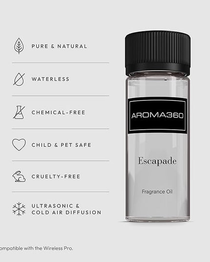 Aroma360 - Escapade Fragrance Oil Scent - Luxury Aromatherapy Scent Diffuser Oil - Hints of Lemon, Ocean, Bergamot, & Fragrant Jasmine - for Essential Oil Diffusers - for Home & Office - 50ML