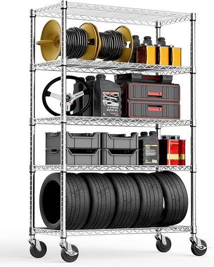 5-Shelf Storage Shelves,Wire Shelving Heavy Duty Metal Storage Shelving Unit Adjustable Garage Shelving Rack Pantry Kitchen (Chrome, 5 Tier,17.7" D x 47.2" W x 76.7" H)