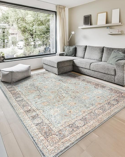 GLN Rugs Traditional Collection - Machine Washable Area Rug, Traditional Washable, Non Slip, Low Pile Chenille Rug, Living Room, Bedroom, Kitchen Rug (9'x12' Blue Floral)