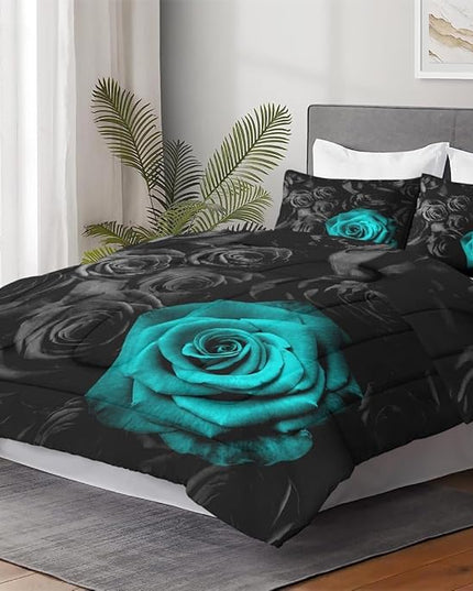 Twin Size Comforter Set with Pillowcase, Cyan Rose Flower 2 Pcs Bedding for Kids and Adults, Summer Vintage Floral Soft Comforter Set for Bedroom Bed Decor