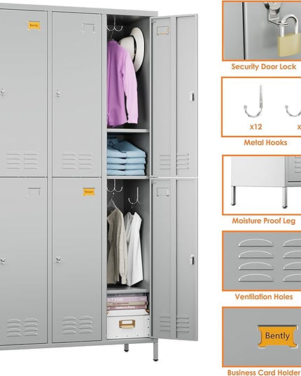 Aobabo Metal Locker for Employees, 6 Doors Metal Locker Cabinet with Lock, Industrial Storage with 18 Hooks, Storage for Office, Gym, Dormitory, Assembly Required, Light Grey