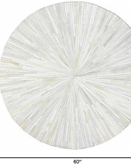 Premium Cowhide Leather Hand Made Stripes Patterned Round Area Rug - 5X5 ft - White, Premium Hand Made House Carpet for Living Room, Bedroom, Entryway