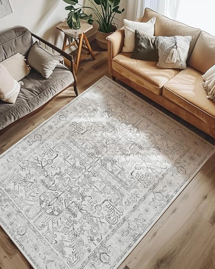 jinchan Lima Machine Washable Area Rugs 4x6 - Vintage Floral Stain Resistant Low Pile Ultra-Thin Non Slip Accent Rug for Bedroom Living Room Kitchen Dining Room Entryway (4x6ft, Grey)